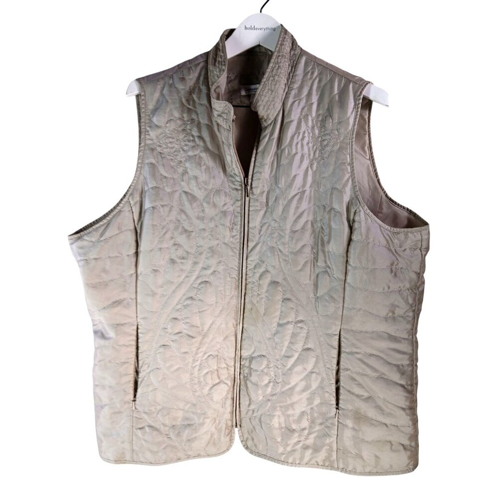 Coldwater Creek Womens Quilted Beige Gold Vest 2X Lightweight Full Zip Floral